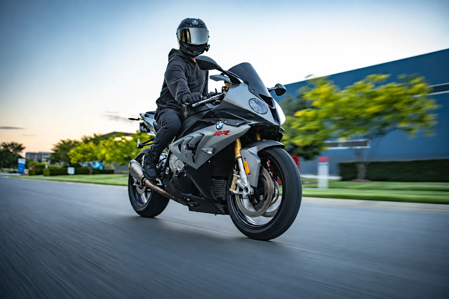 Motorcycle and rider on an urban road